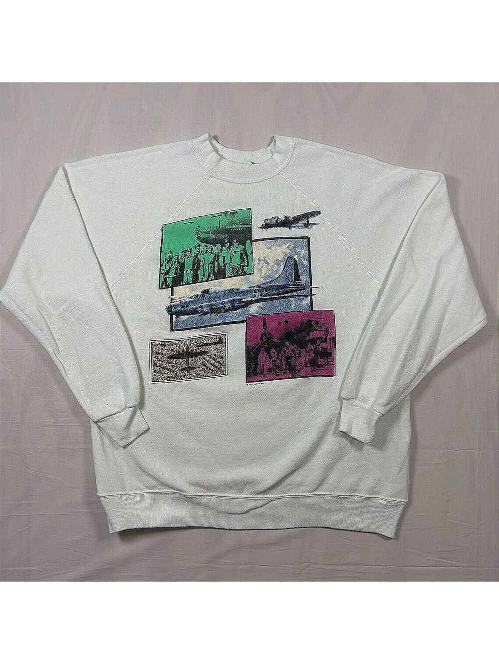 VTG WWII B17 Flying Fortress Bomber Photo Collage Military Aviation Sweatshirt L